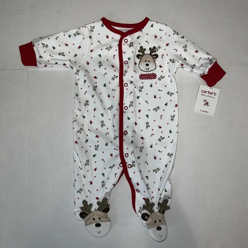Baby Carters Christmas Reindeer Cotton Sleeper 1 Piece Pajamas PJ's 3 Months NWT